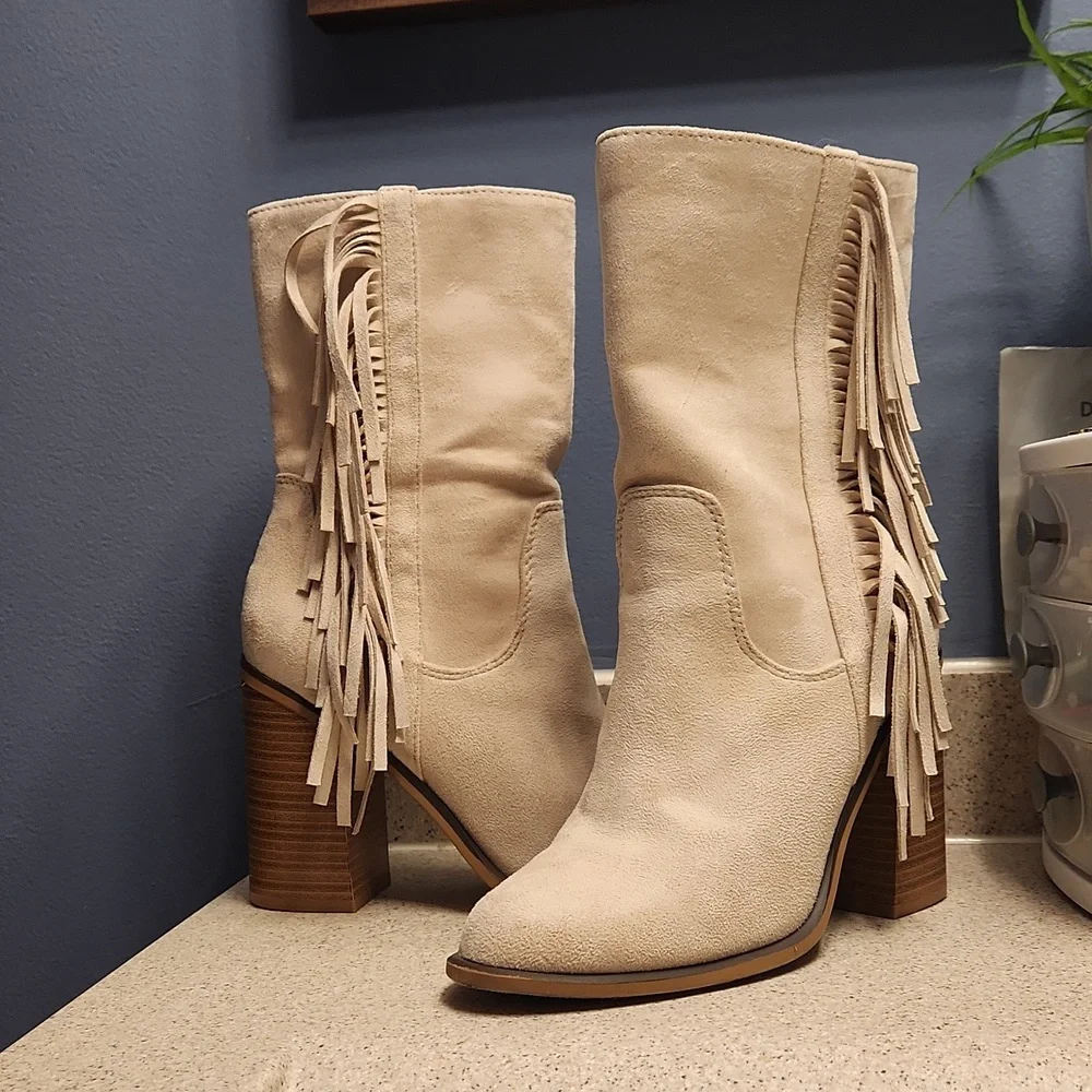 Beige Fringe Suede Boots - Picture 2 of 11